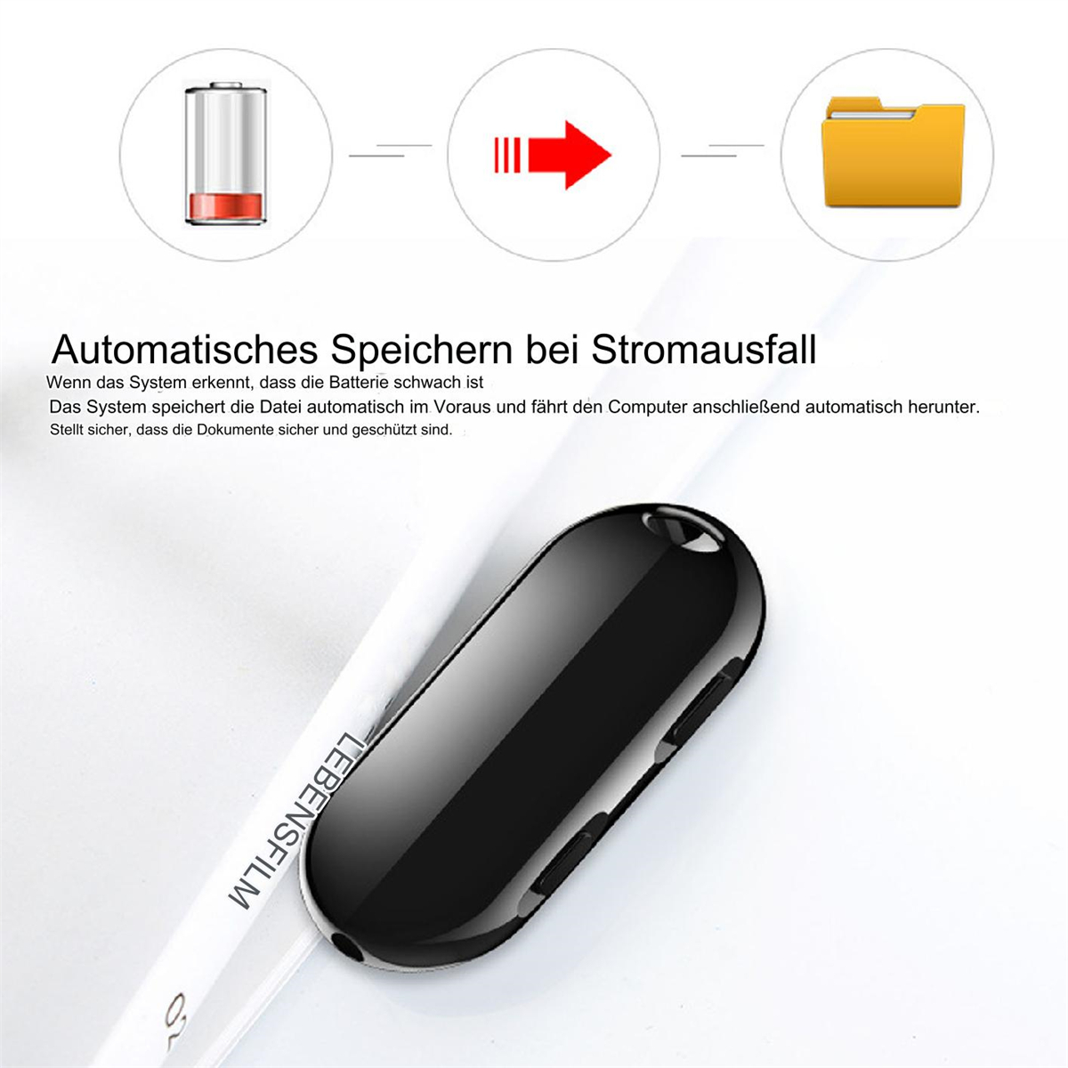 Schwarzes Aufnahmegerät. Diagramm zeigt Batterie, Pfeil und Ordnersymbol.