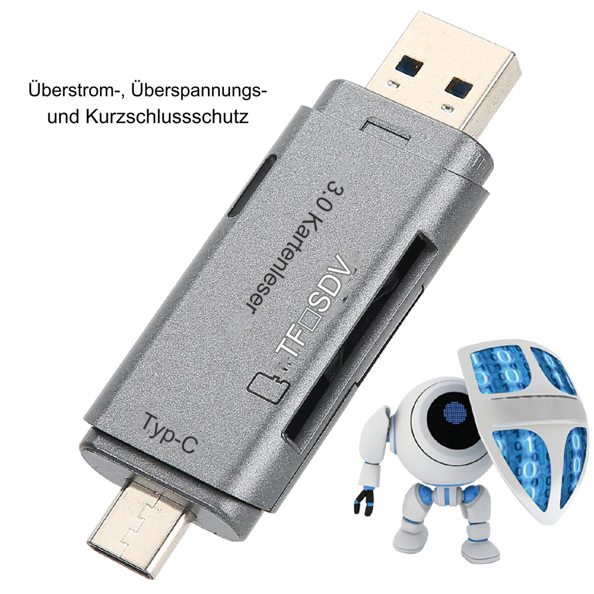 Silberner Kartenleser mit USB- und Typ-C-Anschlüssen und Roboter mit Schild.