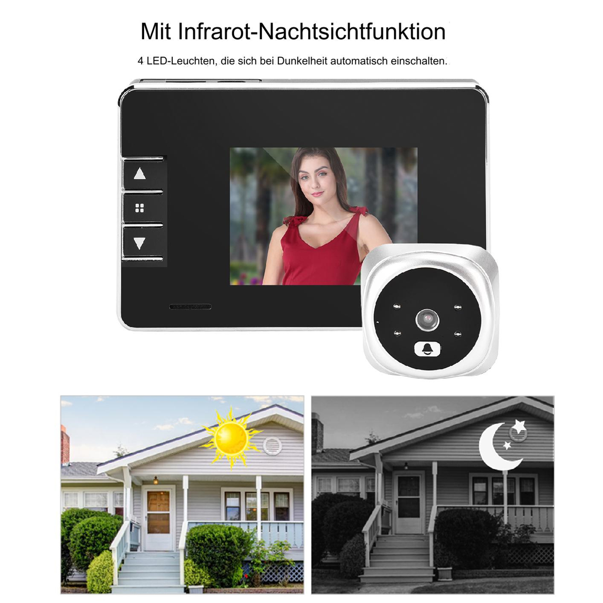 Video-Türklingel-Set mit Monitor, der eine Frau zeigt, und der Hausaußenseite.