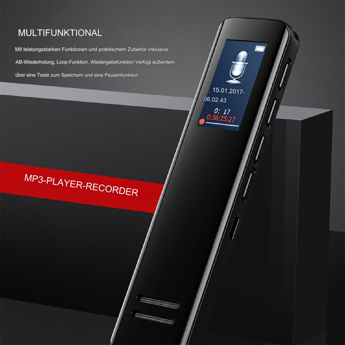 Schwarzer MP3-Player-Recorder mit einem Display, das Zeit und Datum anzeigt.