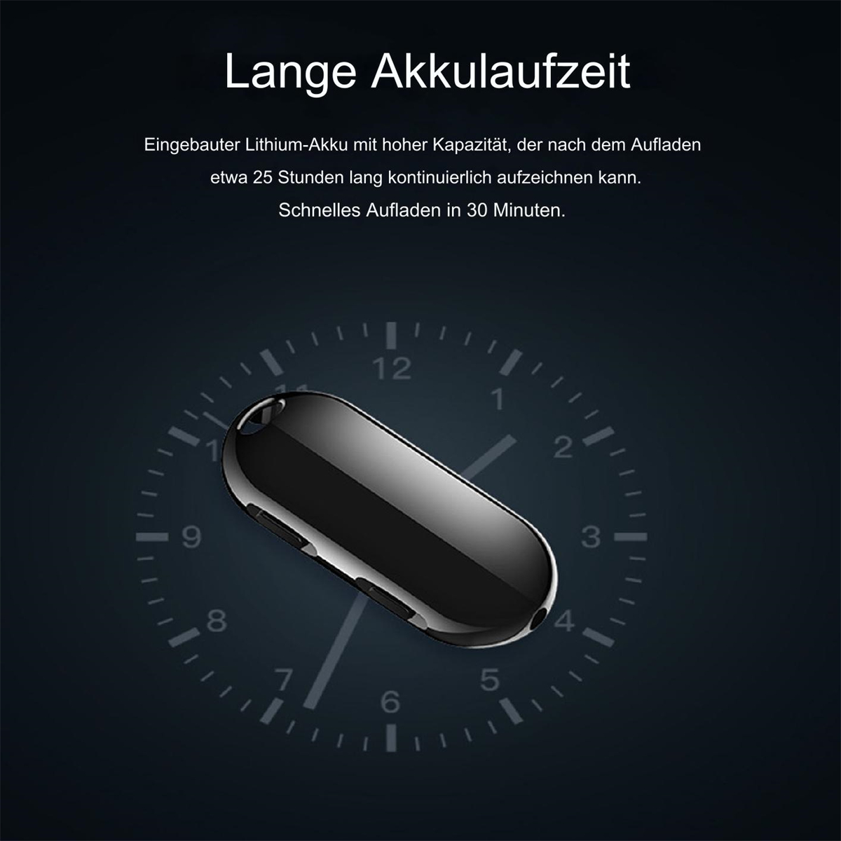 Ein schwarzes Sprachaufnahmegerät liegt vor einem Ziffernblatt. Text weist auf lange Akkulaufzeit und schnelles Laden hin.