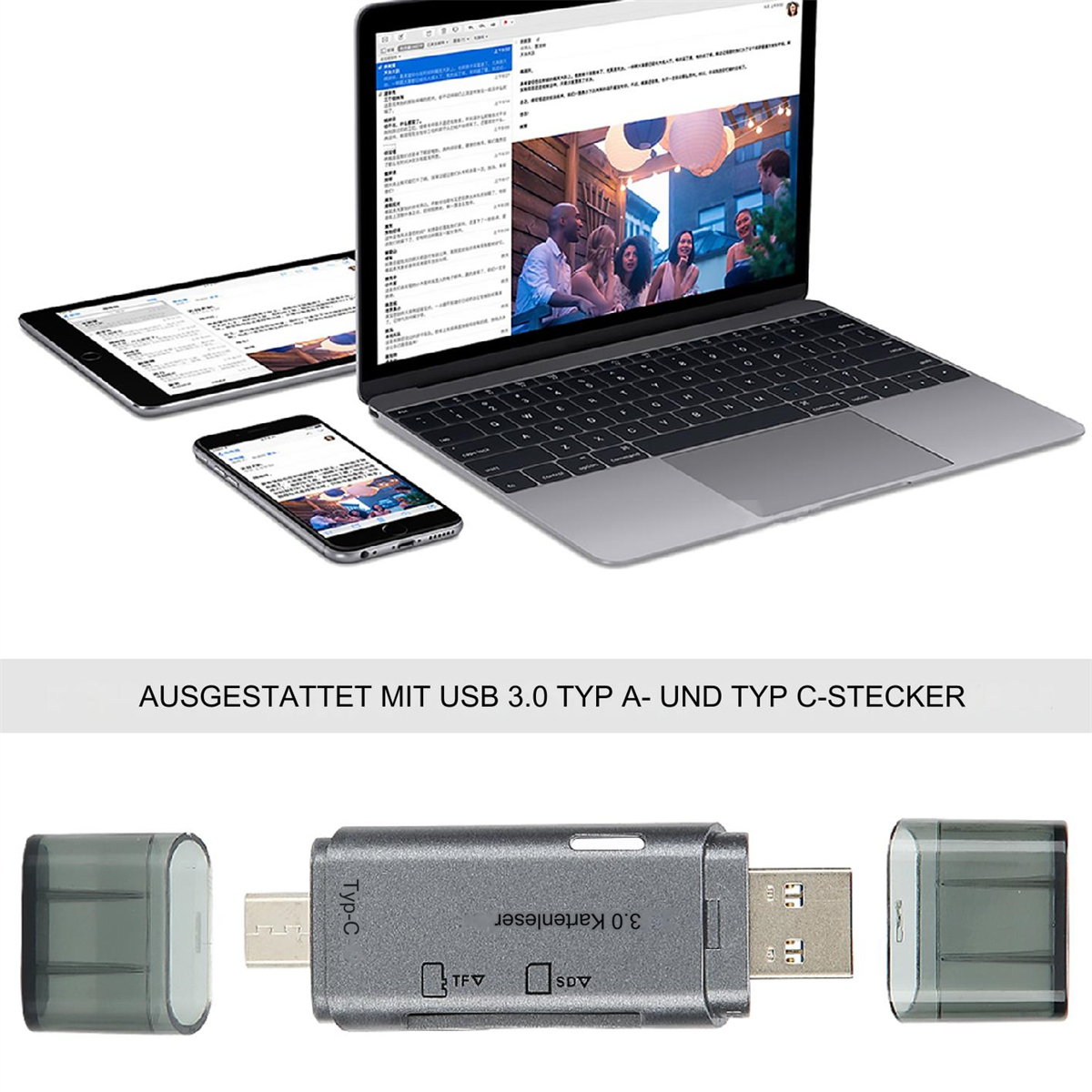 Geräte: Laptop, Tablet, Telefon. Zubehör: USB-Adapter und Kartenleser.