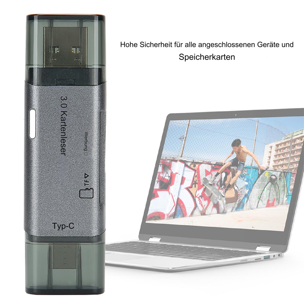 Ein USB 3.0-Kartenleser neben einem Laptop, der eine Person beim Skateboarden zeigt.