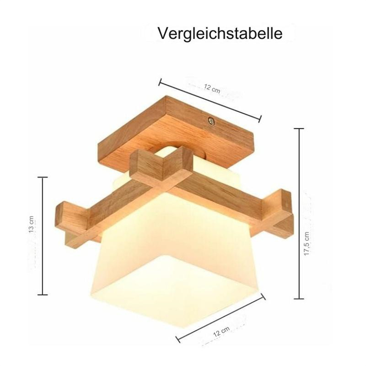 Eine Deckenlampe aus Holz mit in Zentimetern beschrifteten Abmessungen.