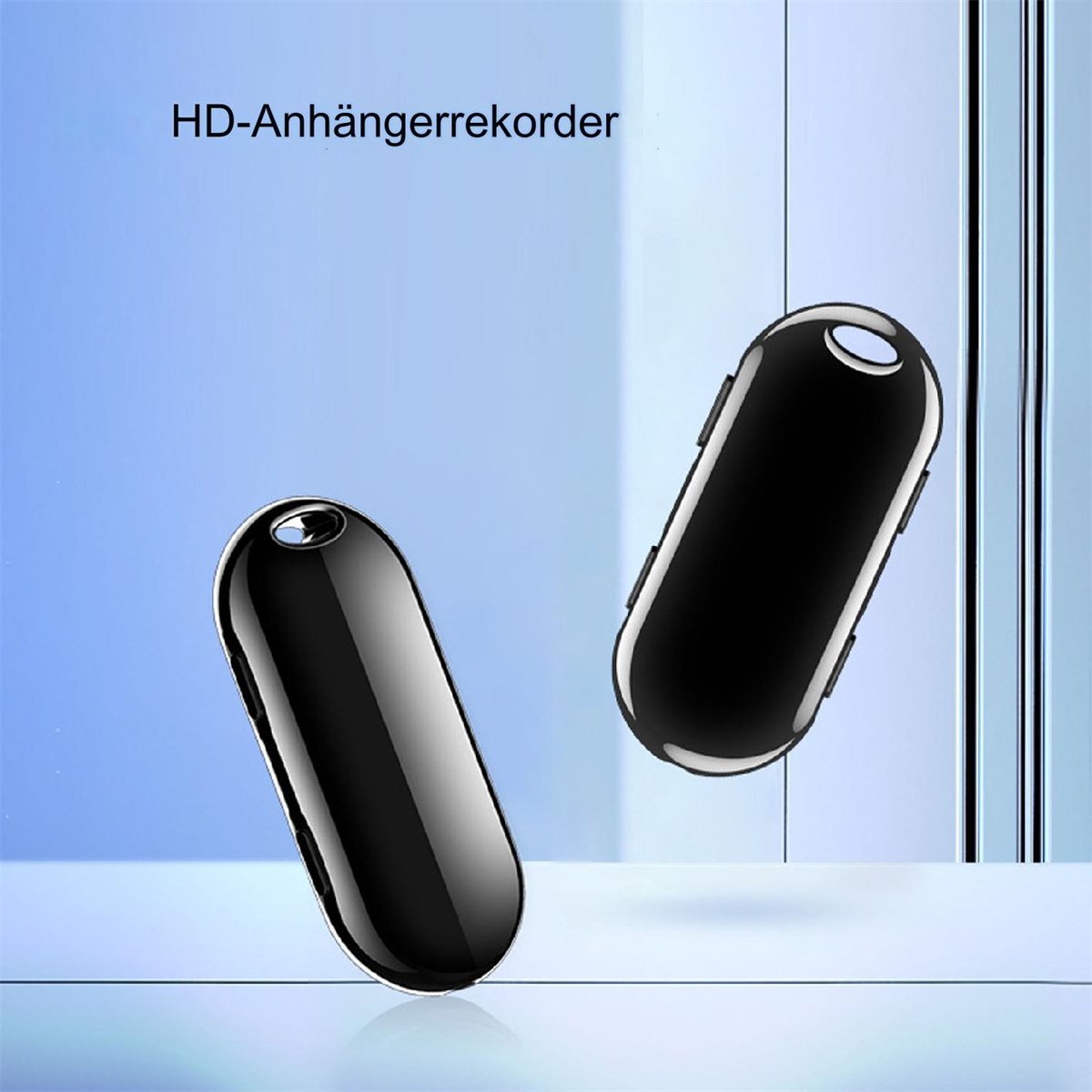 Zwei schwarze HD-Audiorecorder auf blauem Hintergrund. Die Geräte sind oval.