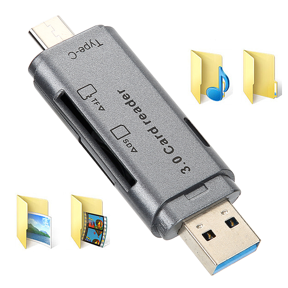 Ein grauer 3.0-Kartenleser mit USB- und Typ-C-Anschlüssen und Dateisymbolen.