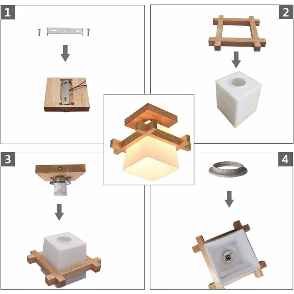 Montagediagramm einer Pendelleuchte aus Holz und Glas, Schritt-für-Schritt-Anleitung.