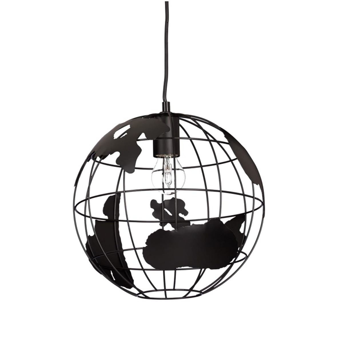 Eine schwarze, kugelförmige Lampe. Der Umriss des Globus wird durch Drähte gebildet, mit einer Glühbirne im Inneren. Weißer Hintergrund.