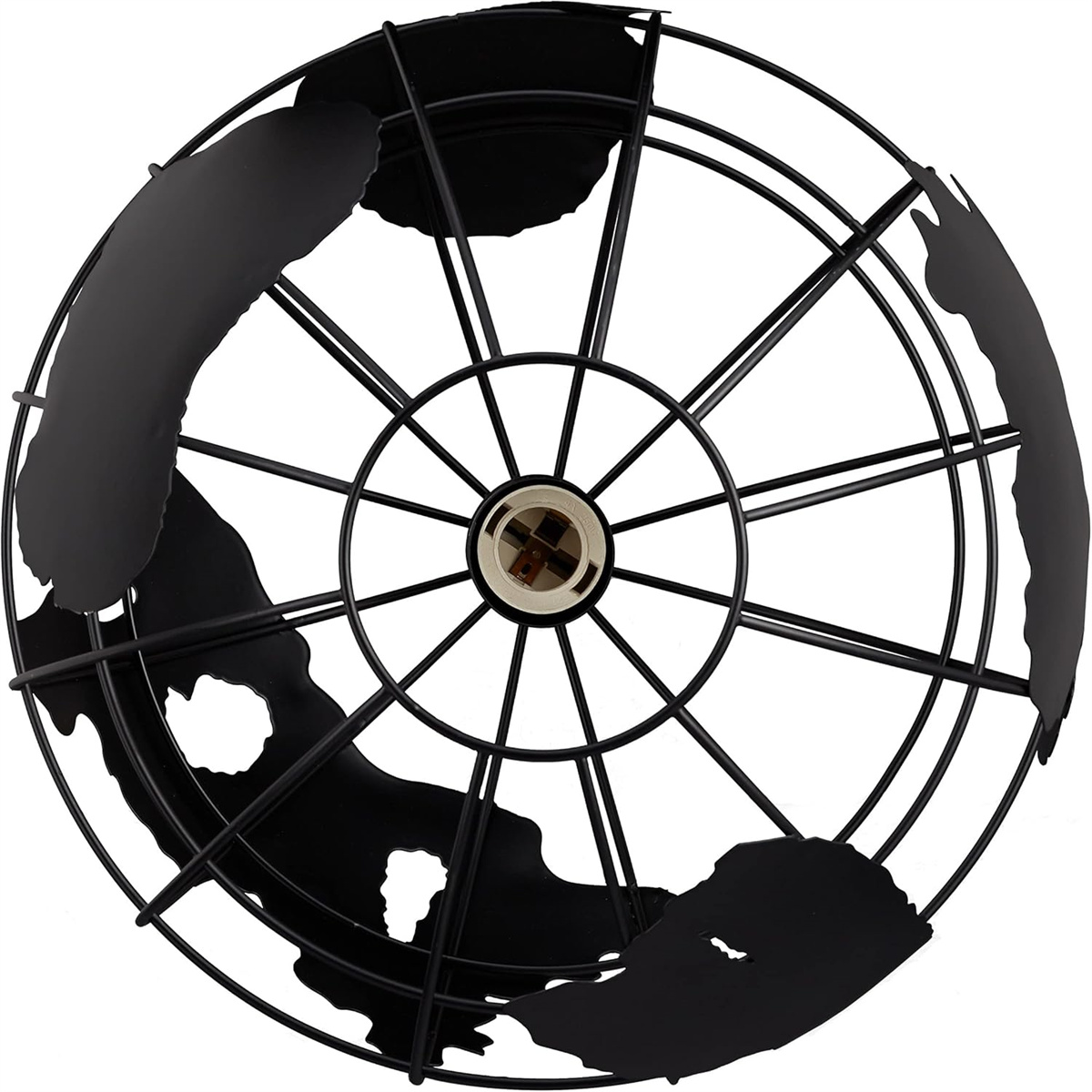 Schwarze Metall-Globuslampe mit Weltkartendesign auf weißem Hintergrund.