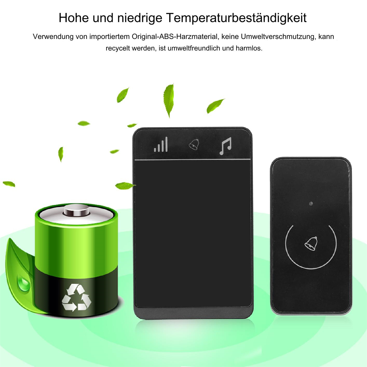 Zwei schwarze rechteckige Geräte werden gezeigt. Eine grüne Batterie und grüne Blätter werden daneben angezeigt.