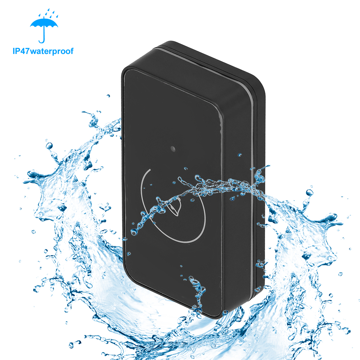 Schwarzes wasserdichtes Gerät mit Wasserspritzern im Vordergrund. Das Gerät hat einen weißen Kreis.