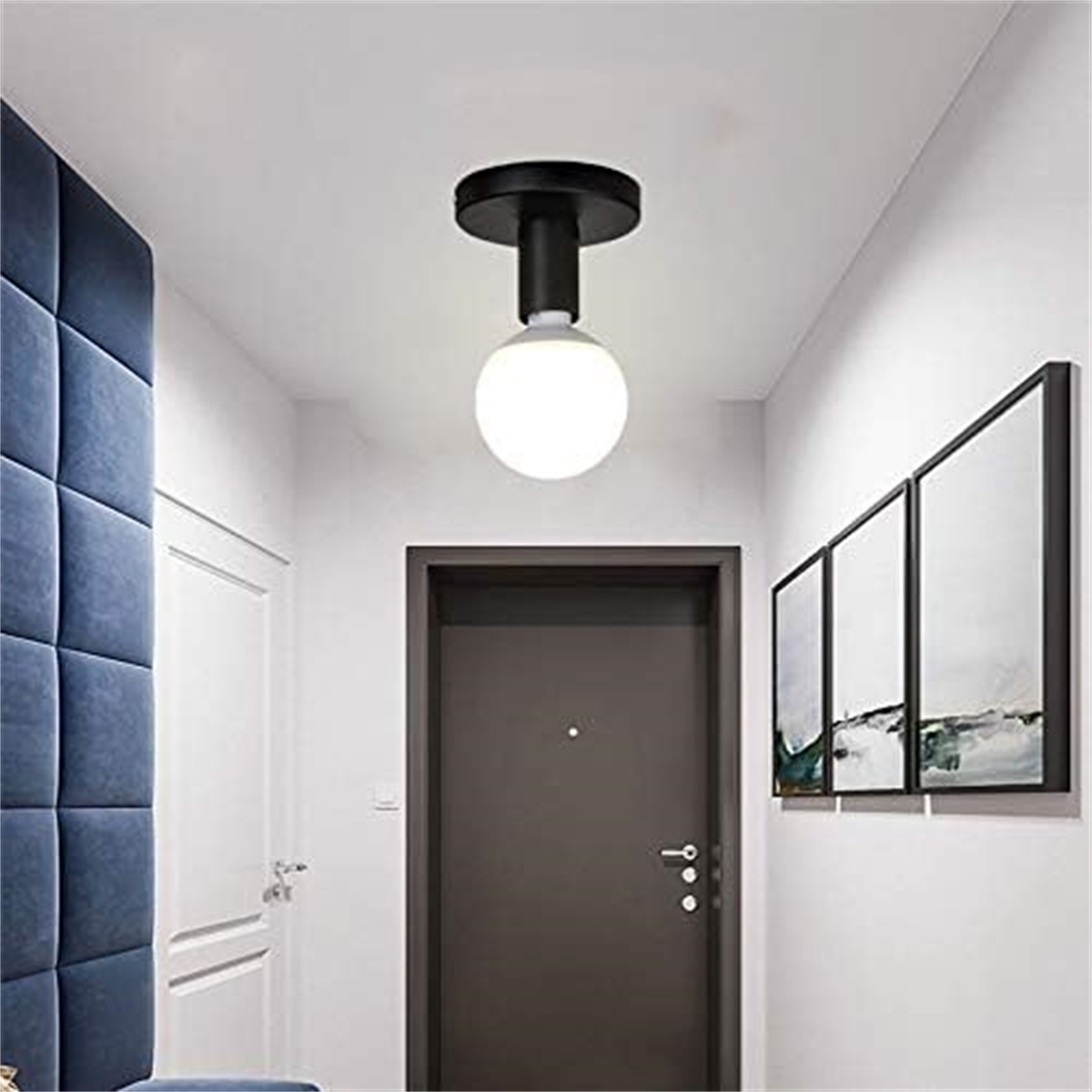 Flur mit weißen Wänden und einer dunkelgrauen Tür. Eine einzelne Deckenlampe und gerahmte Bilder sind sichtbar.