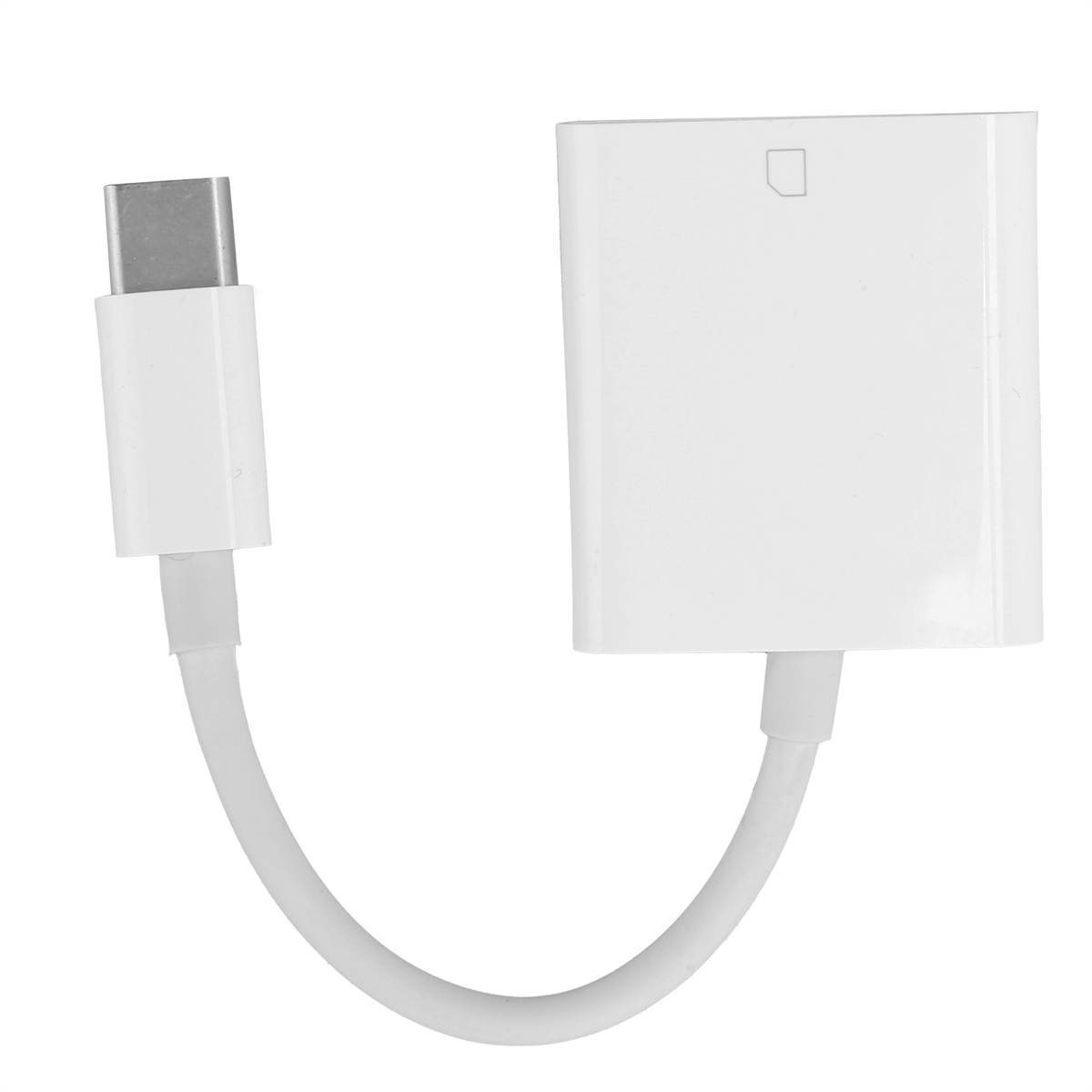 Weißer USB-C-auf-USB-Adapter mit kurzem Kabel. Der Adapter hat ein weißes Gehäuse und einen Metallanschluss.