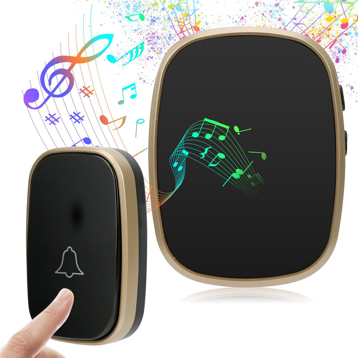 Eine Türklingel mit einem Glockensymbol und einem Finger, der sie drückt. Noten im Hintergrund.