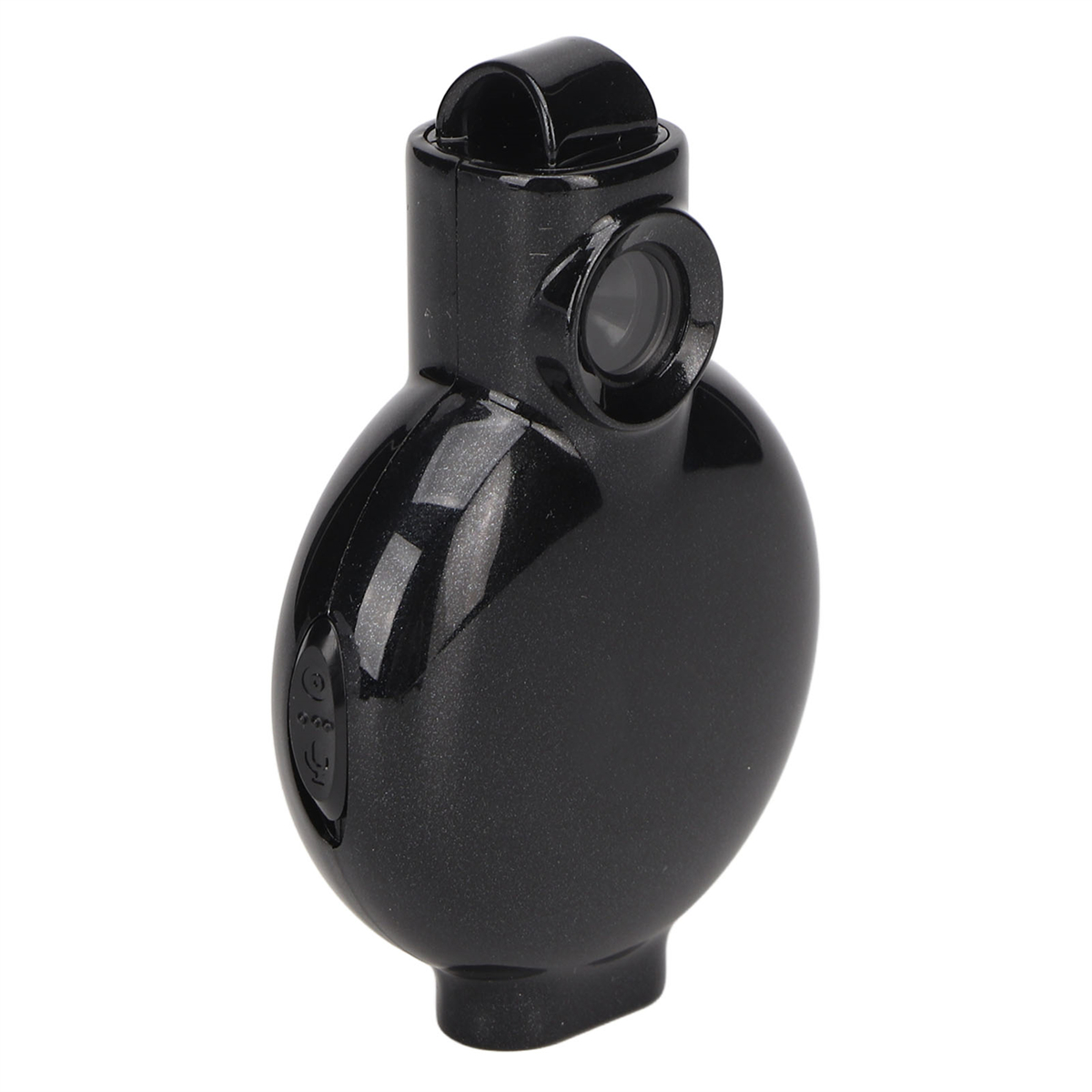 Eine schwarze Kamera mit kreisförmiger Linse. Sie hat eine abgerundete Form mit einem kleinen Knopf an der Seite.