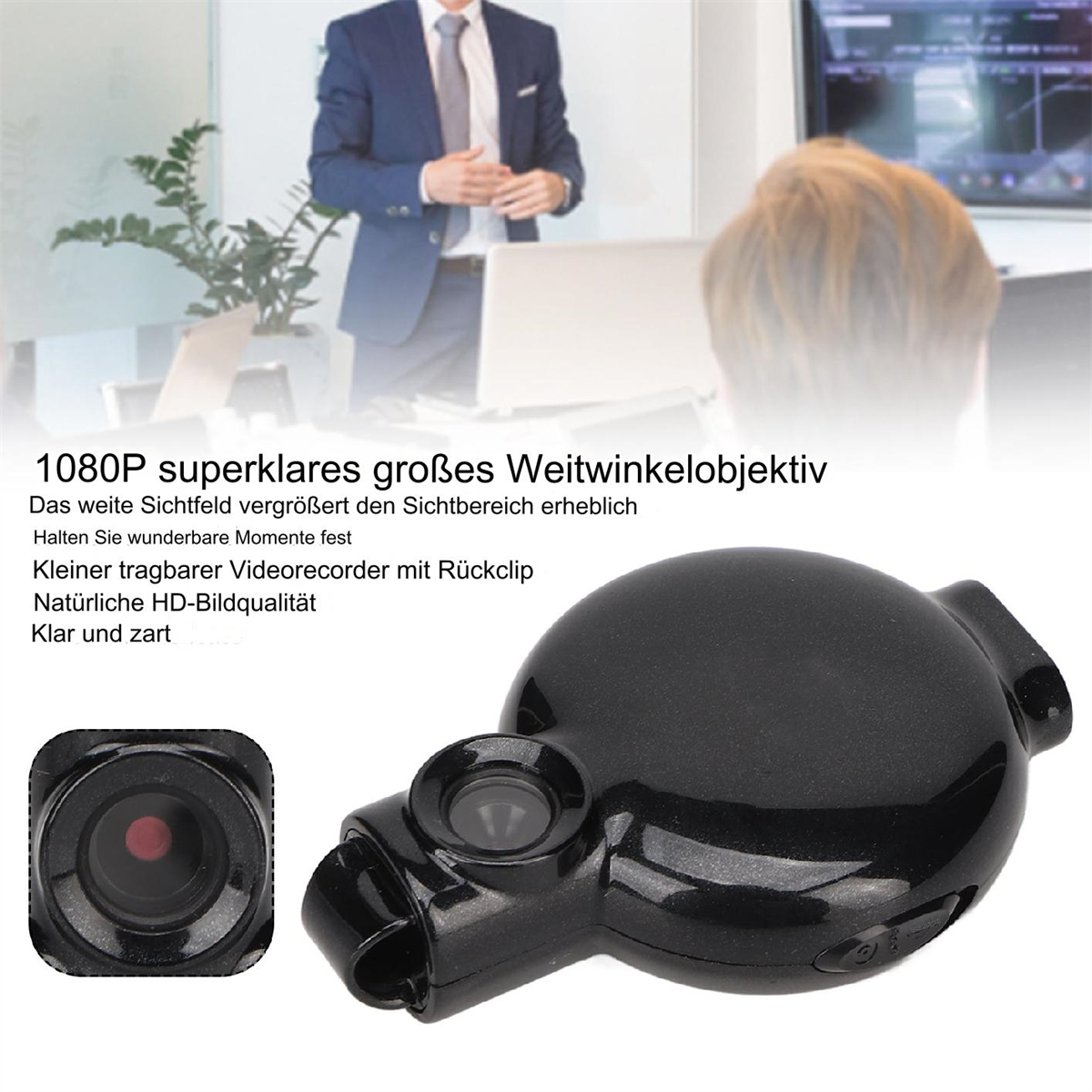 Schwarzer, kompakter Videorecorder mit Objektiv und Person im Hintergrund.