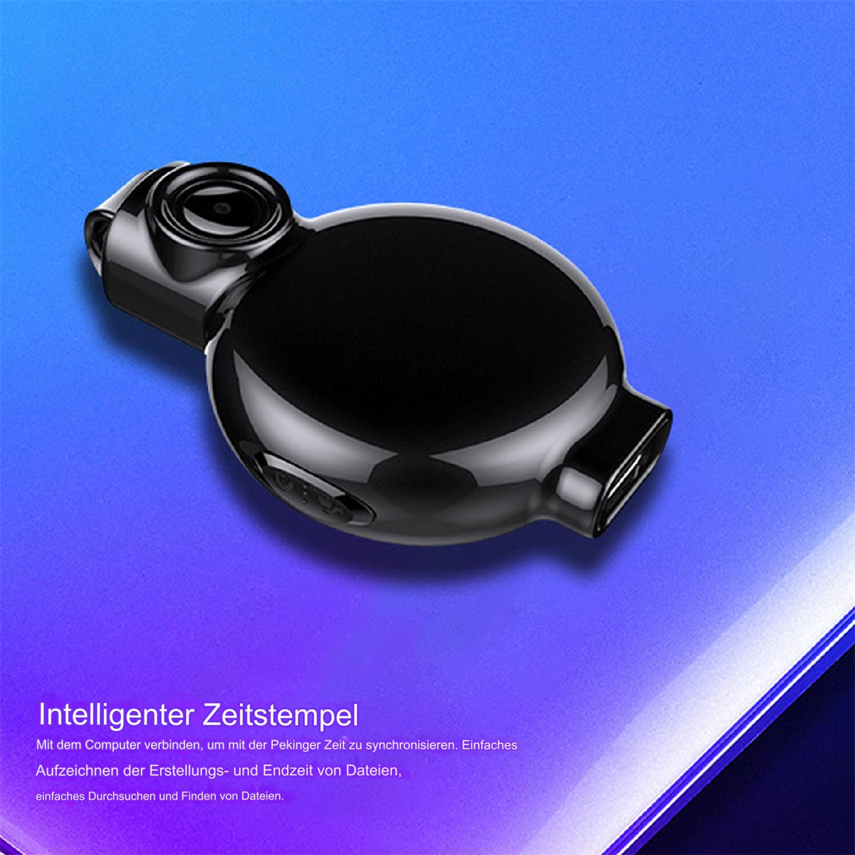 Ein schwarzes Gerät mit Kamera und Text auf einem blau-violetten Farbverlaufshintergrund.