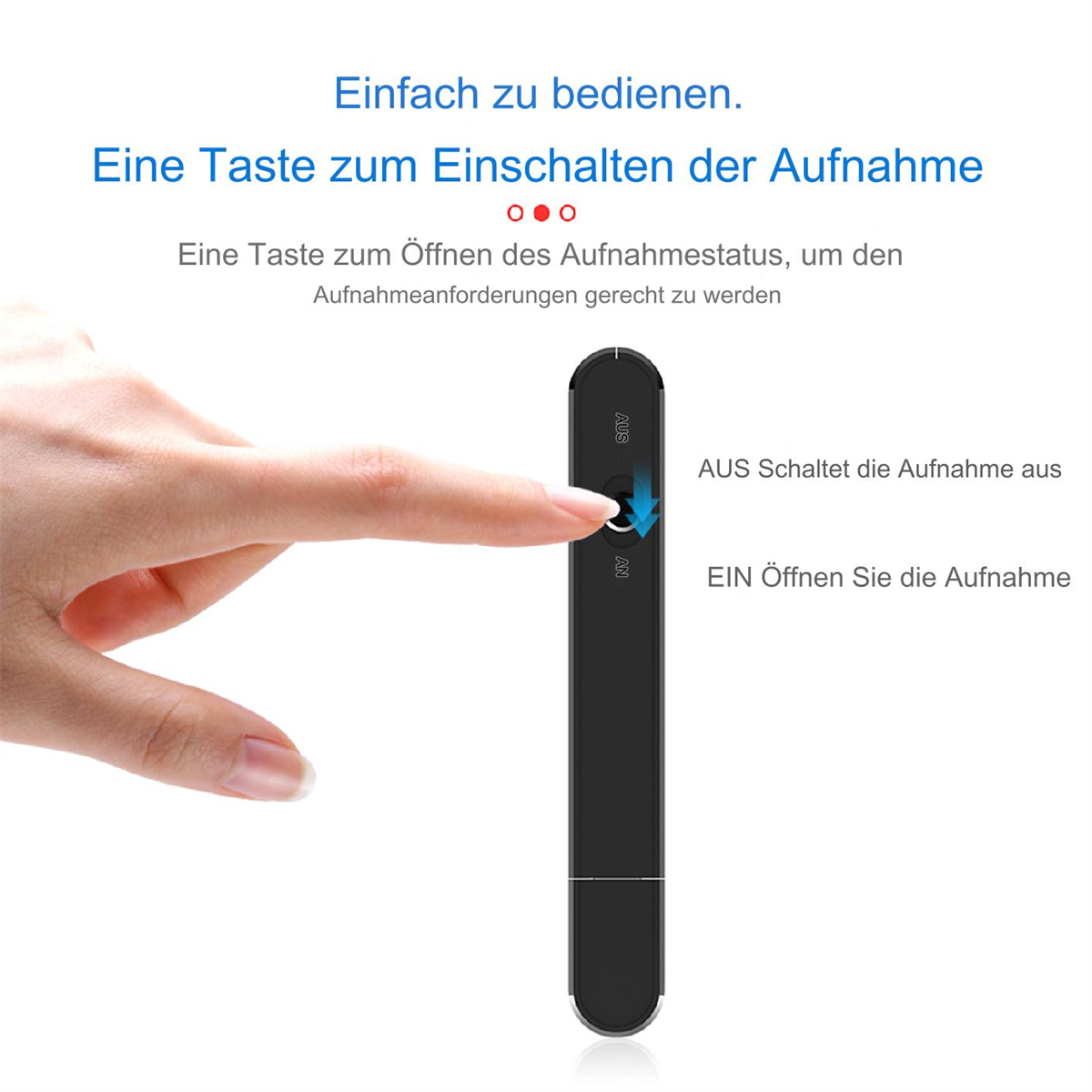 Hand drückt Knopf auf schwarzem Gerät mit Text. Weißer Hintergrund. Deutscher Text auf dem Gerät.