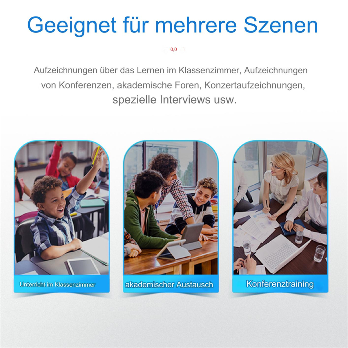 Drei Bilder werden mit verschiedenen Szenen gezeigt: Klassenzimmer, akademischer Austausch und Konferenztraining.