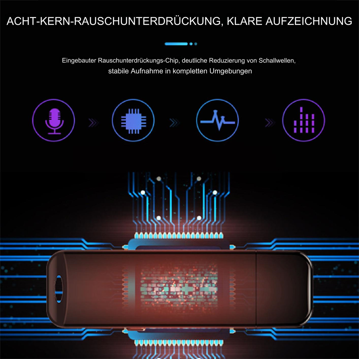 Diagramm eines braunen Audiogeräts mit Symbolen und Text in Deutsch, zeigt den Aufnahmeprozess.