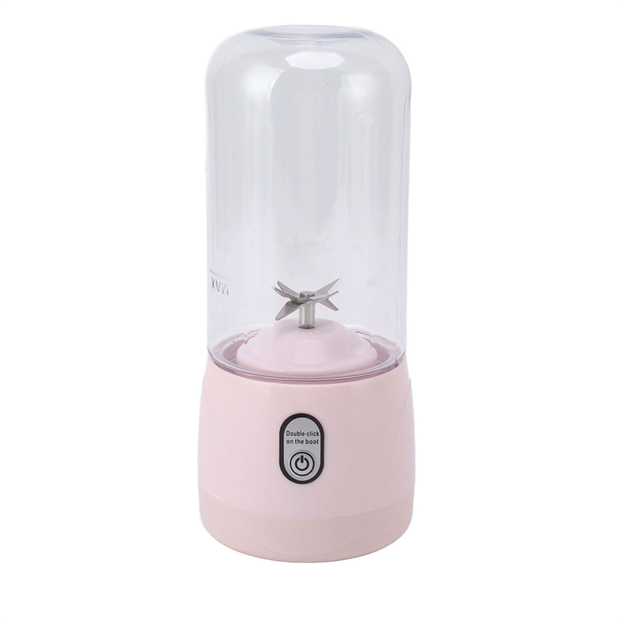 Tragbarer Mixer in Rosa und Transparent. Er hat einen rosafarbenen Sockel und einen durchsichtigen Plastikbecher.