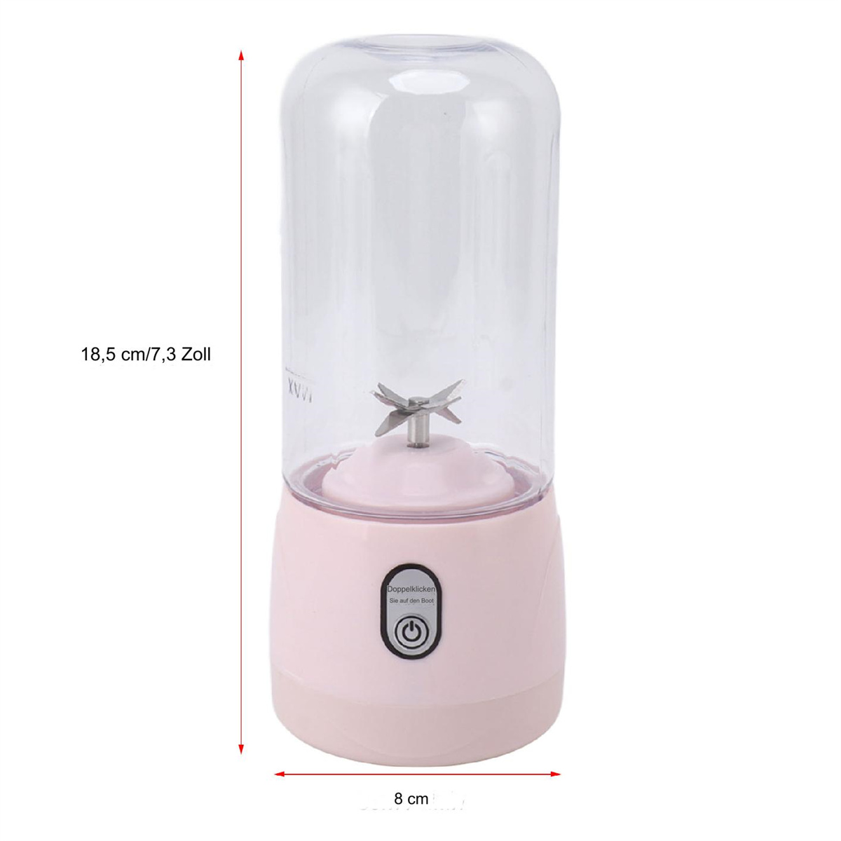 Rosa Mixer mit einem durchsichtigen Kunststoffbehälter. Er verfügt über ein silbernes Messer, einen Ein-/Ausschalter und Maße.