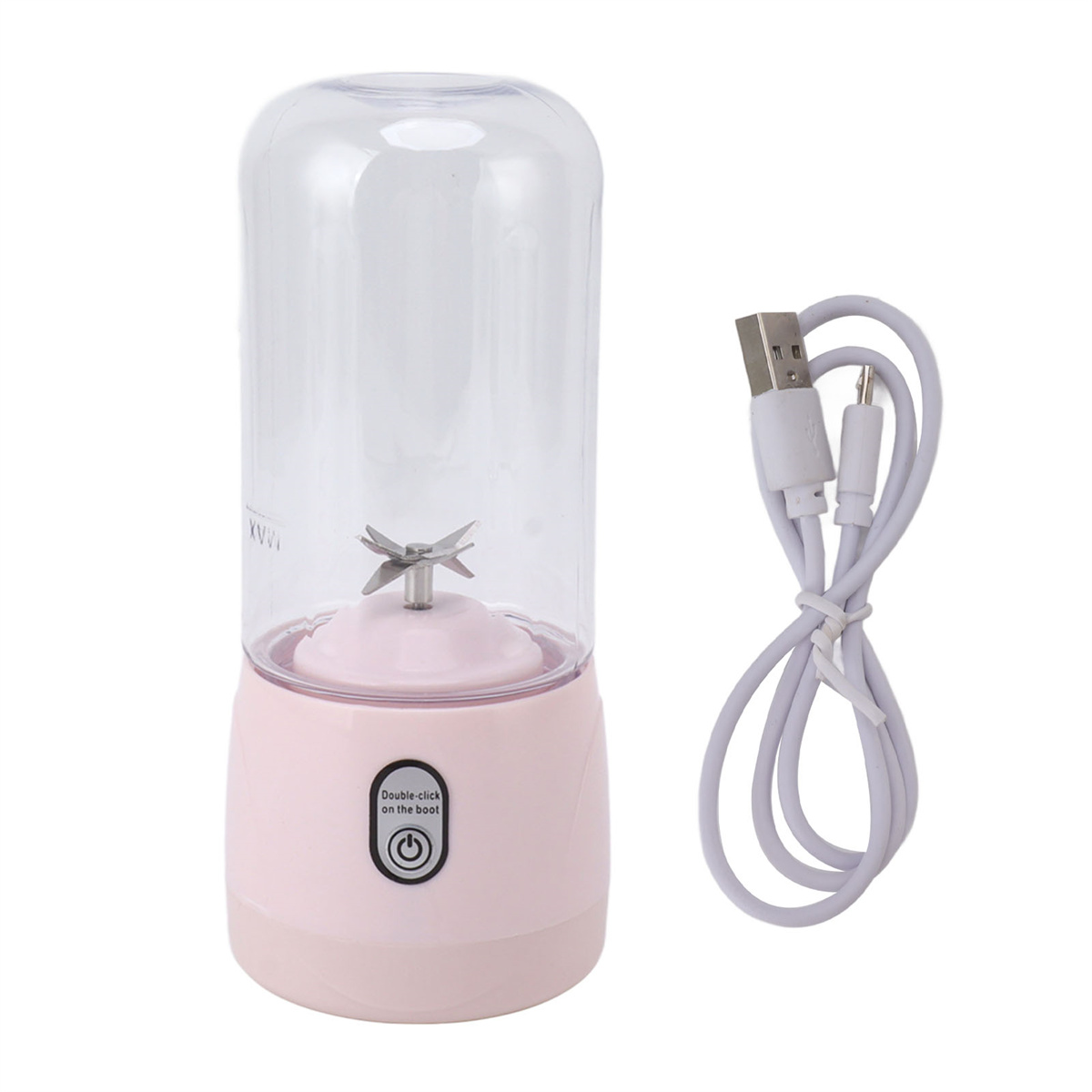 Rosa tragbarer Mixer mit transparentem Behälter und weißem Ladekabel.