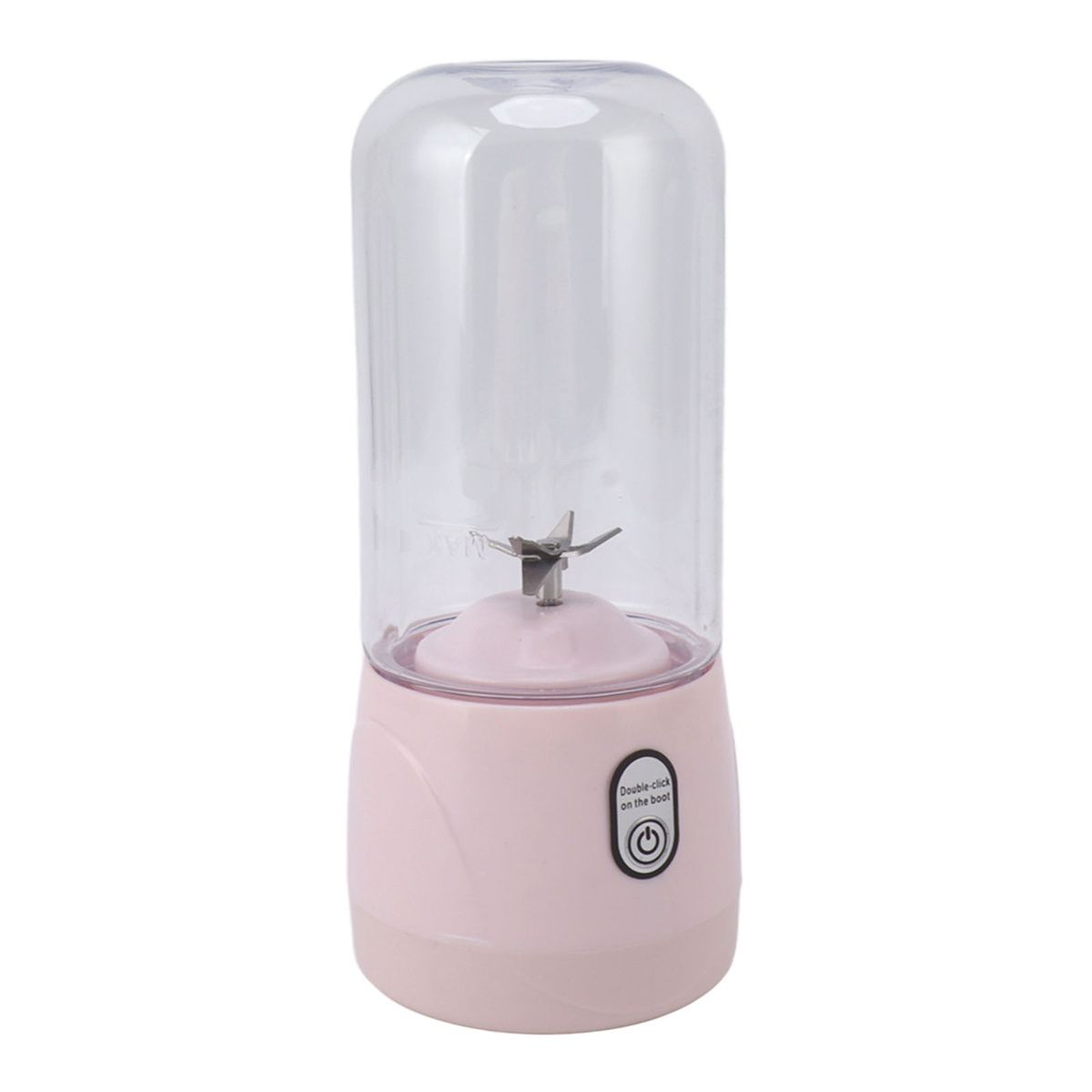 Ein pinkfarbener tragbarer Mixer mit einem durchsichtigen Plastikbecher und einer silbernen Klinge.