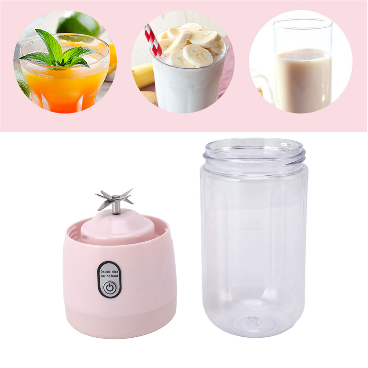 Ein rosa Mixer mit einem durchsichtigen Behälter und drei Smoothie-Gläsern. Weißer Hintergrund.