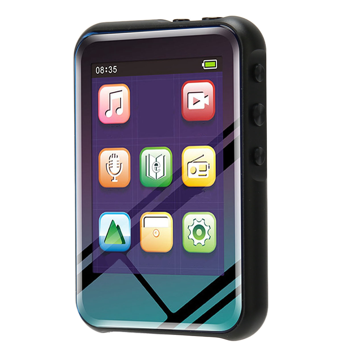 Tragbarer Mediaplayer mit Touchscreen und Symbolen.