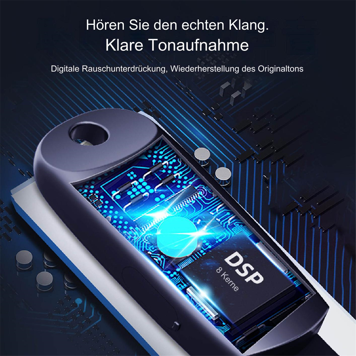 Ein schwarzer Audiorecorder mit sichtbaren Komponenten. Er hat eine digitale Anzeige.