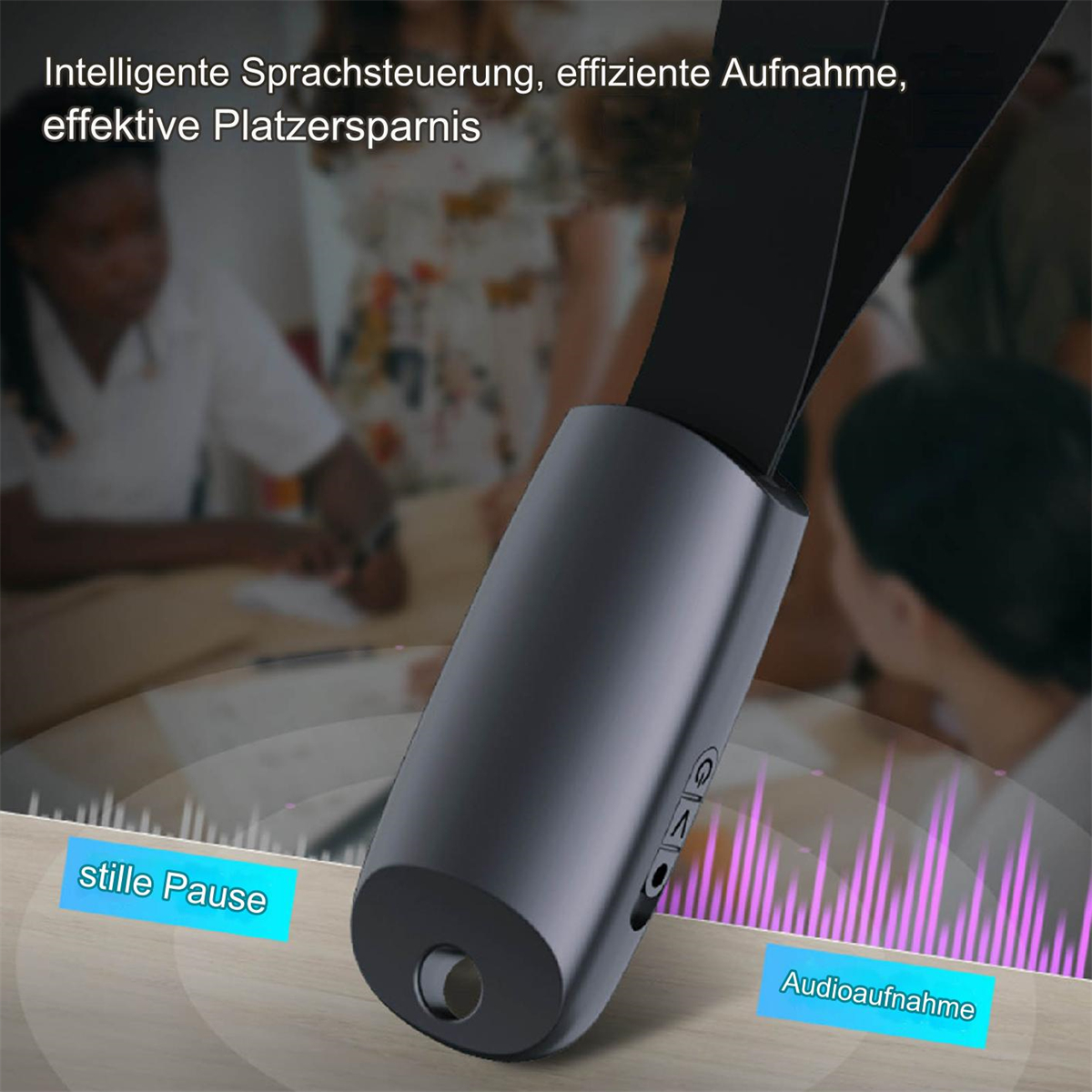 Ein Aufnahmegerät mit Text: Audioaufnahme, stille Pause und intelligente Sprachsteuerung.