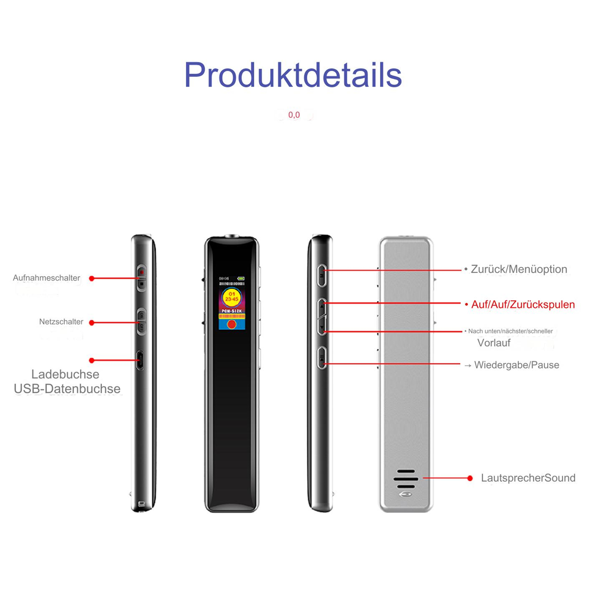 Diagramm eines Diktiergeräts mit den verschiedenen Komponenten: Aufnahmetaste, Stromversorgung, USB-Anschluss usw.