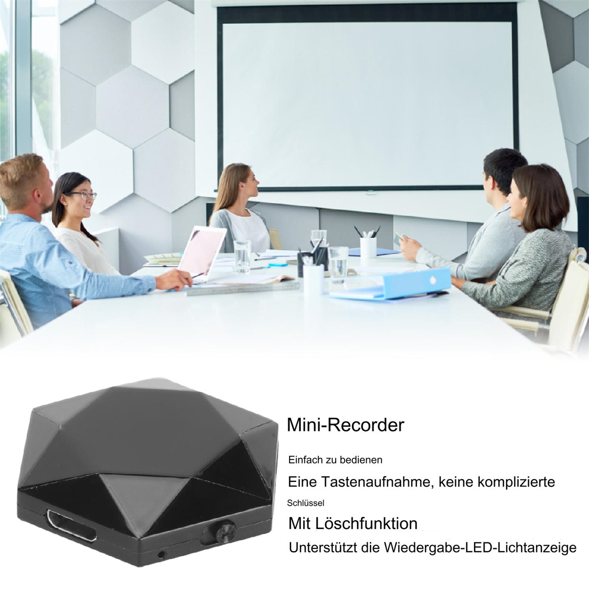 Schwarzer Mini-Recorder auf einem Tisch mit Besprechung im Hintergrund.