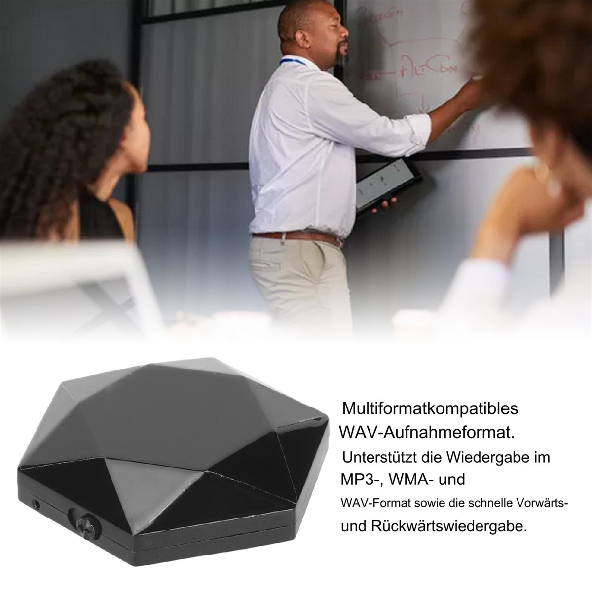 Ein schwarzes elektronisches Gerät mit Multi-Format-Wiedergabefunktion, im Meeting-Kontext.