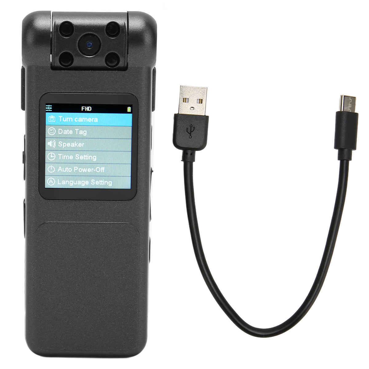 Eine schwarze Kamera mit Bildschirm und USB-Kabel. Der Bildschirm zeigt Menüoptionen an. Ein USB-Kabel befindet sich rechts.