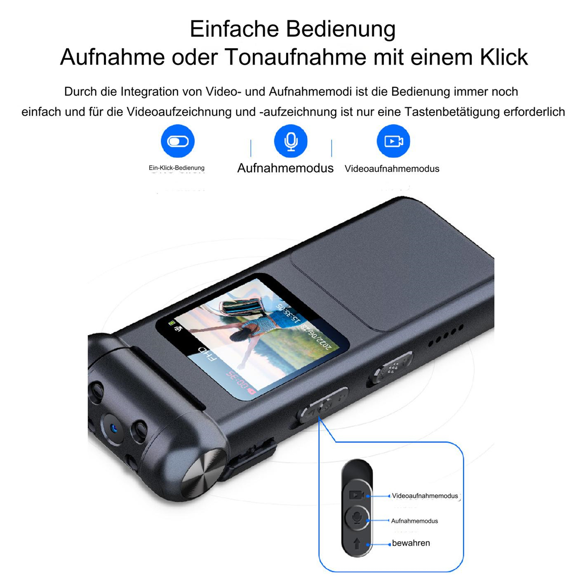 Ein schwarzes Diktiergerät mit Bildschirm und Knöpfen, mit Menü. Nahaufnahme der Knöpfe.