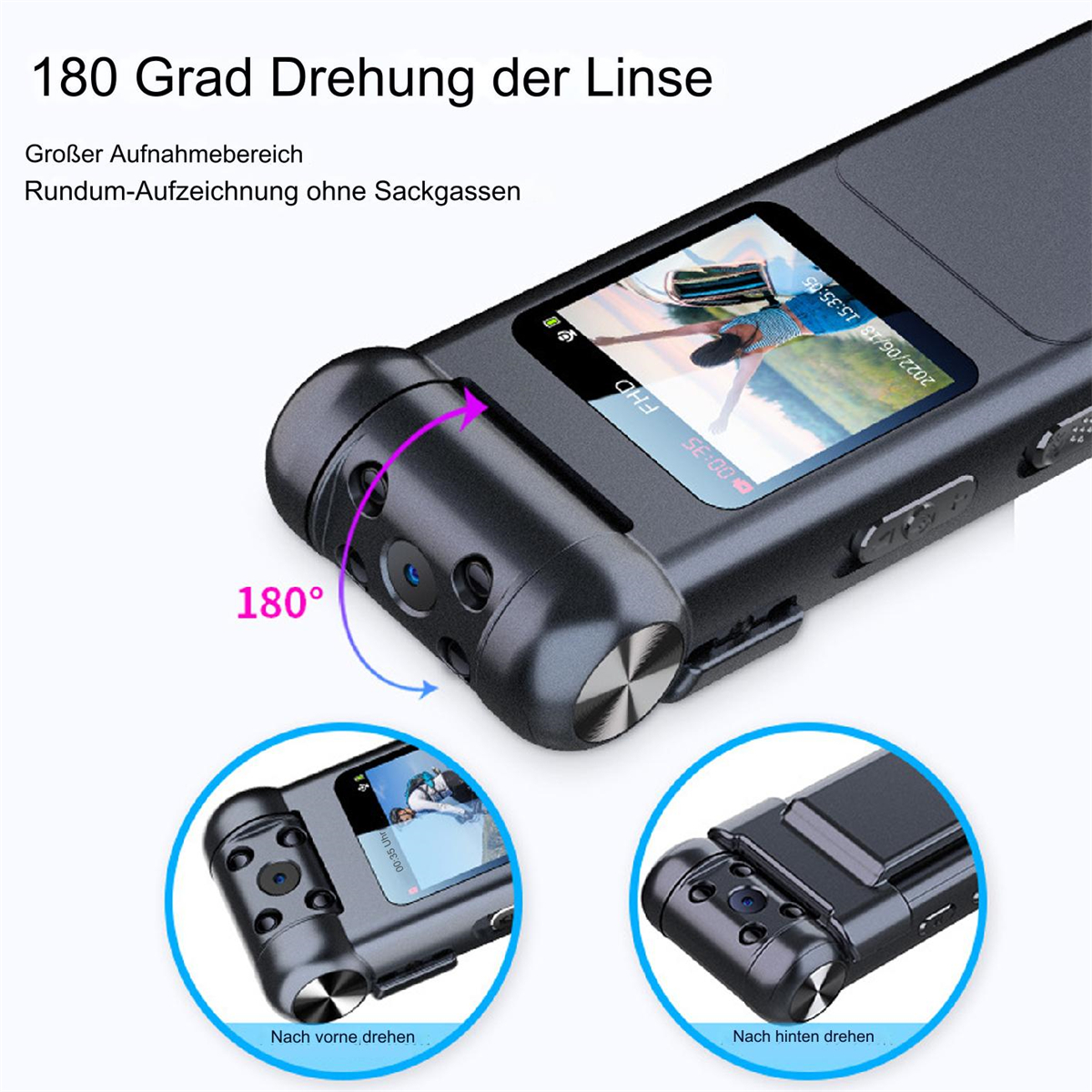 Schwarzer Videorekorder mit drehbarem Objektiv, der zwei Ansichten zeigt. Zeigt die Uhrzeit auf dem Bildschirm.