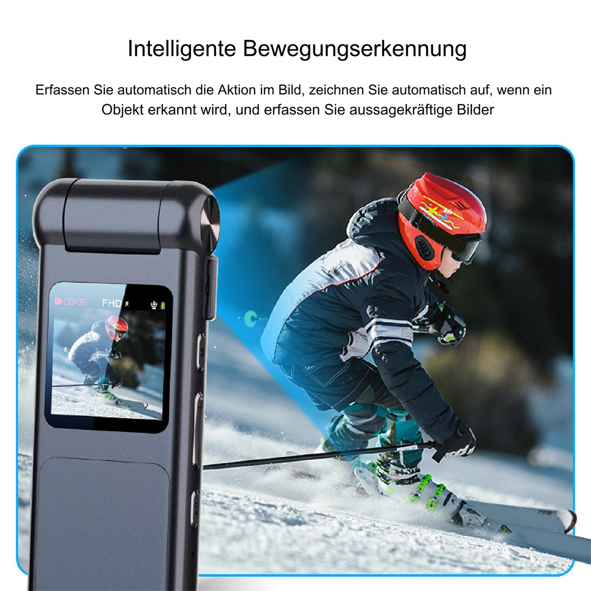 Person auf dem Bildschirm, Skifahren, Helm tragen. Die Kamera nimmt auf.