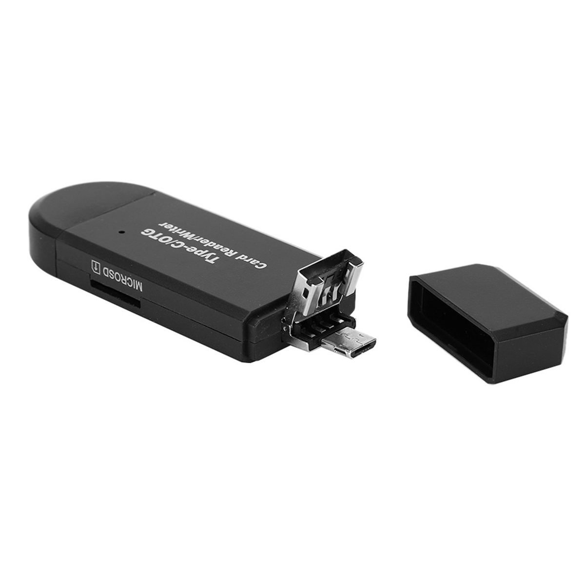 Schwarzes Type-C/OTG-Kartenlesegerät mit MicroSD-Steckplatz. Die Kappe ist entfernt und zeigt den USB-Anschluss.