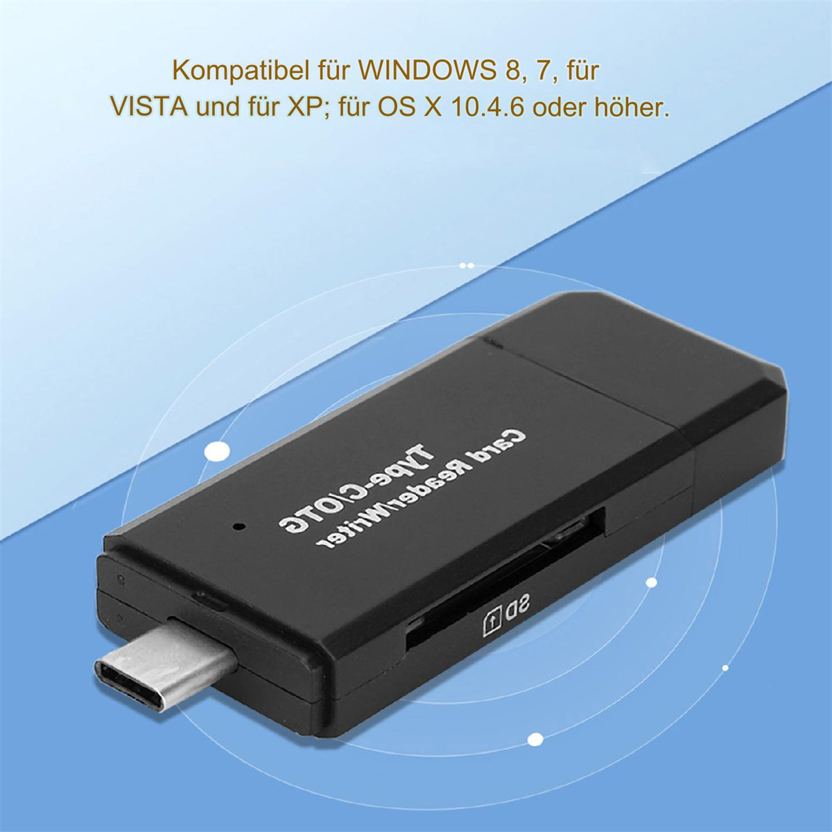Ein schwarzer Kartenleser mit USB-Anschluss. Der Leser befindet sich auf blauem Hintergrund.