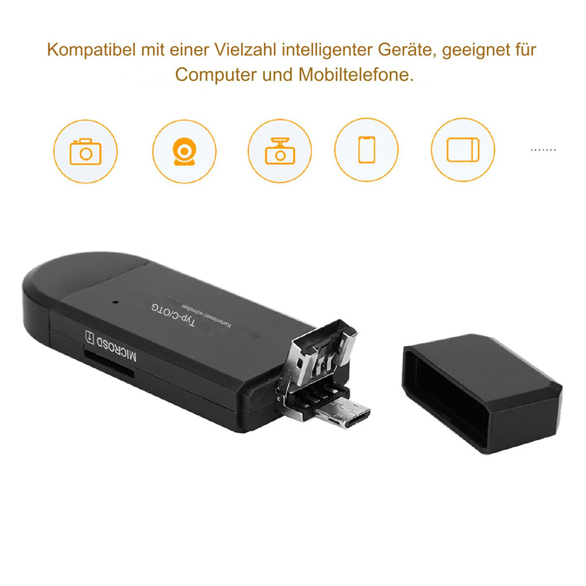 Schwarzer USB-C-Adapter, offen, der Anschluss wird gezeigt. Text und Symbole auf weißem Grund.