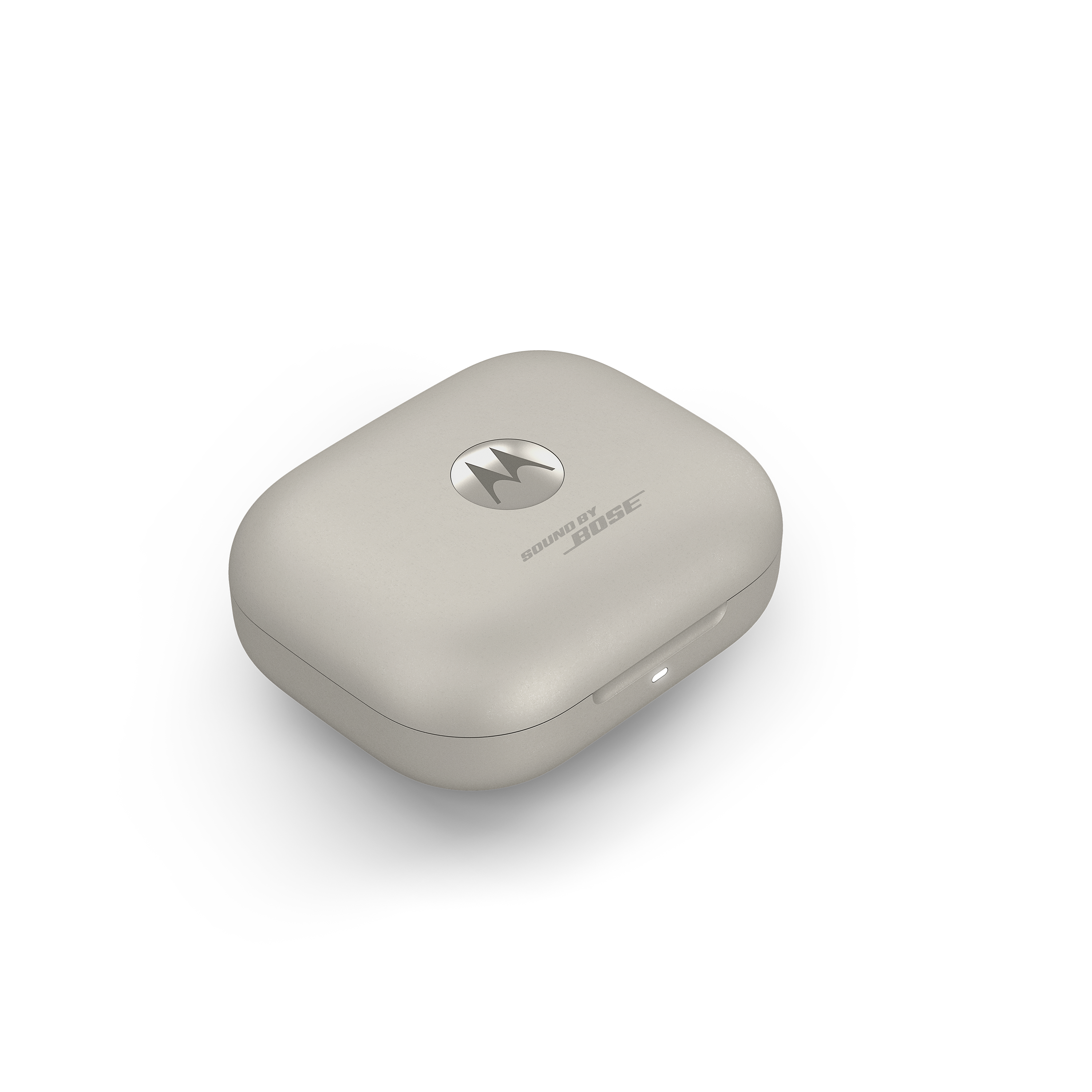 Beżowe, zaokrąglone kwadratowe etui z logo Motorola i tekstem "SOUND BY BOSE" na górze.