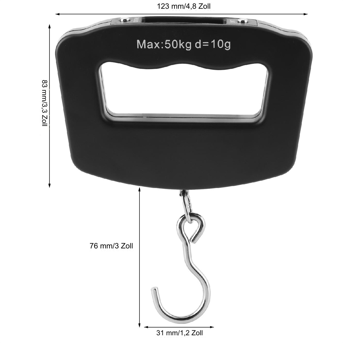 Schwarze Waage mit Griff, Haken und Abmessungen. Text darauf lautet 'Max:50kg'.