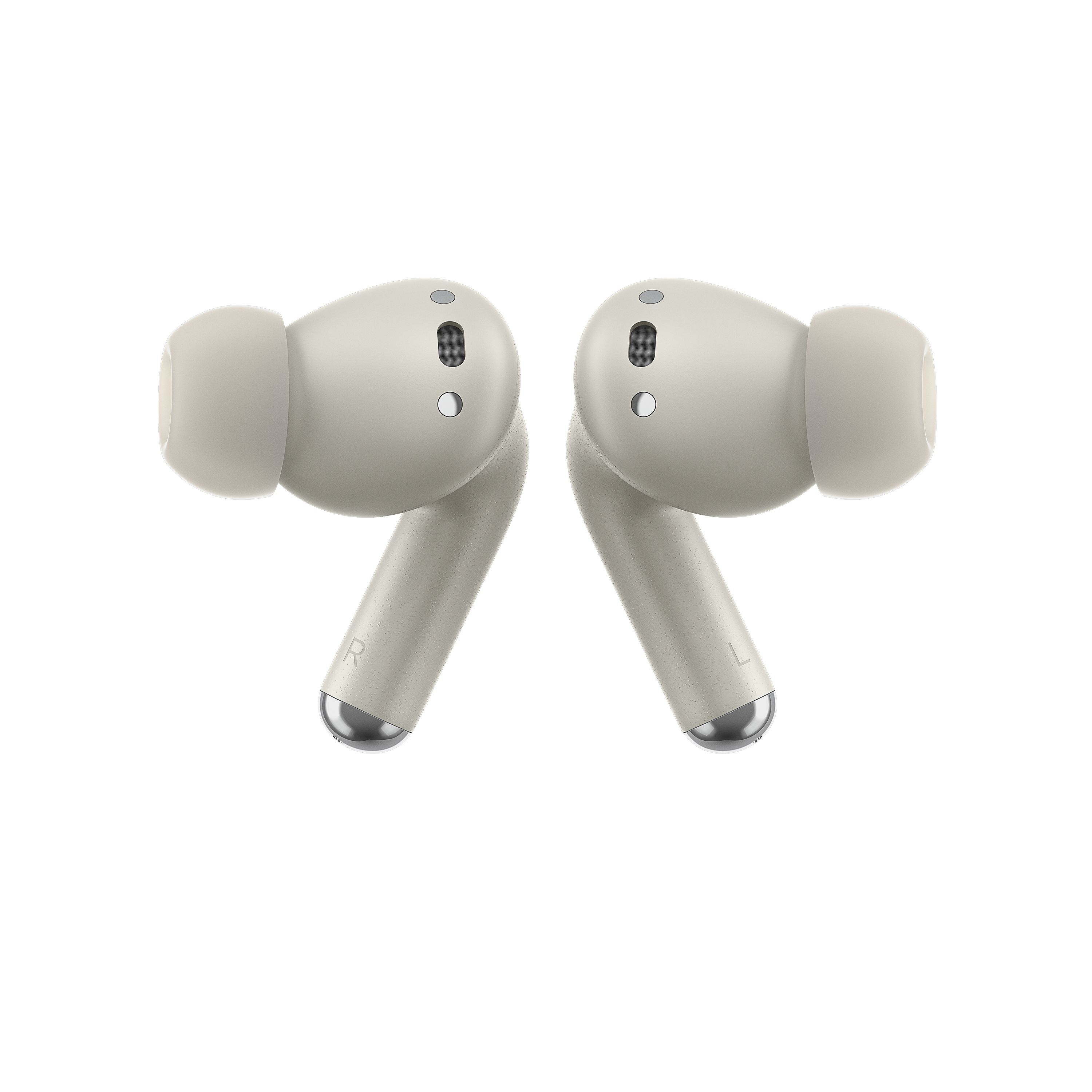 Dwa jasnobeżowe bezprzewodowe słuchawki na czarnym tle.