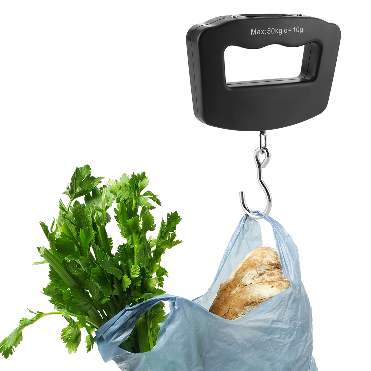 Schwarze Waage mit Griff, Brotbeutel und Bund Sellerie.