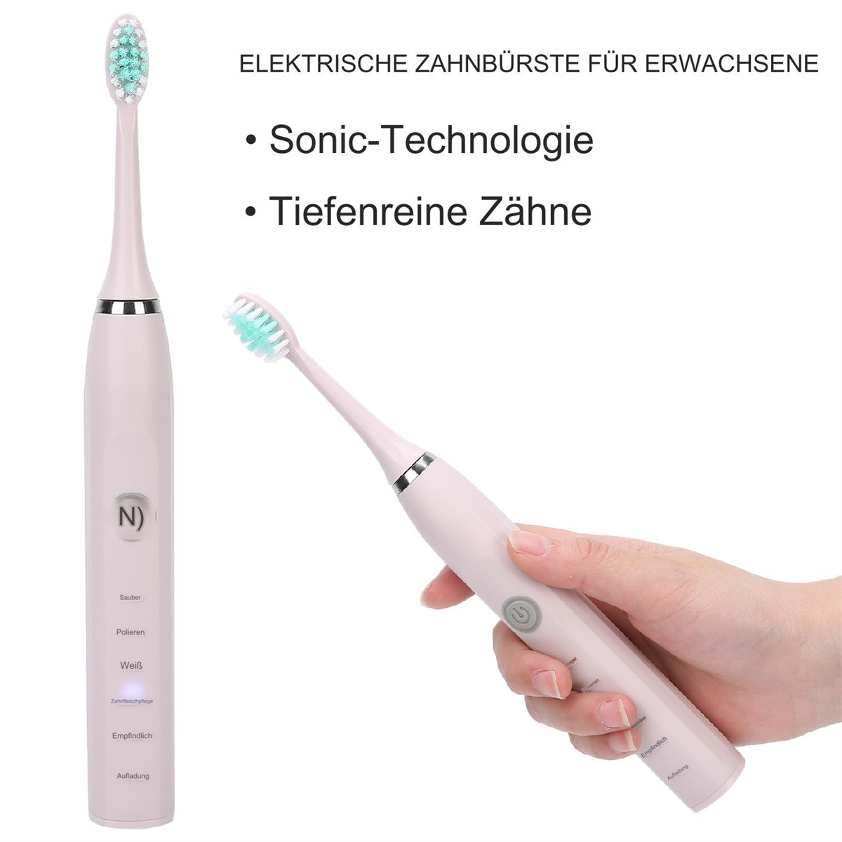 Zwei rosa elektrische Zahnbürsten mit Text links und Hand mit einer rechts.