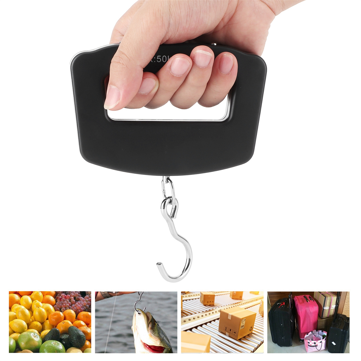 Eine Hand, die eine schwarze tragbare Waage mit Haken hält, und mehrere Artikelbeispiele.