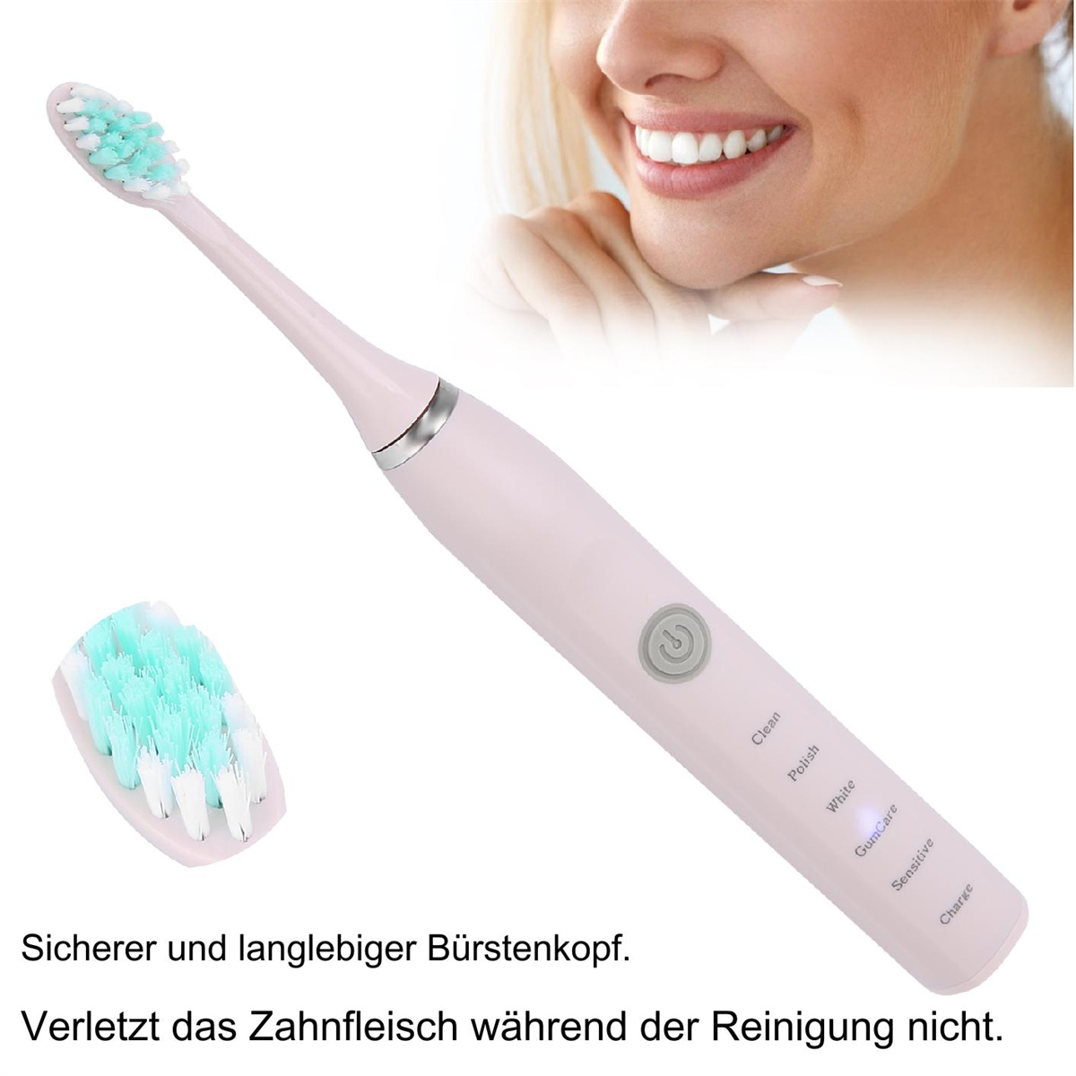 Eine rosa elektrische Zahnbürste mit Bürstenkopf und Text darunter.