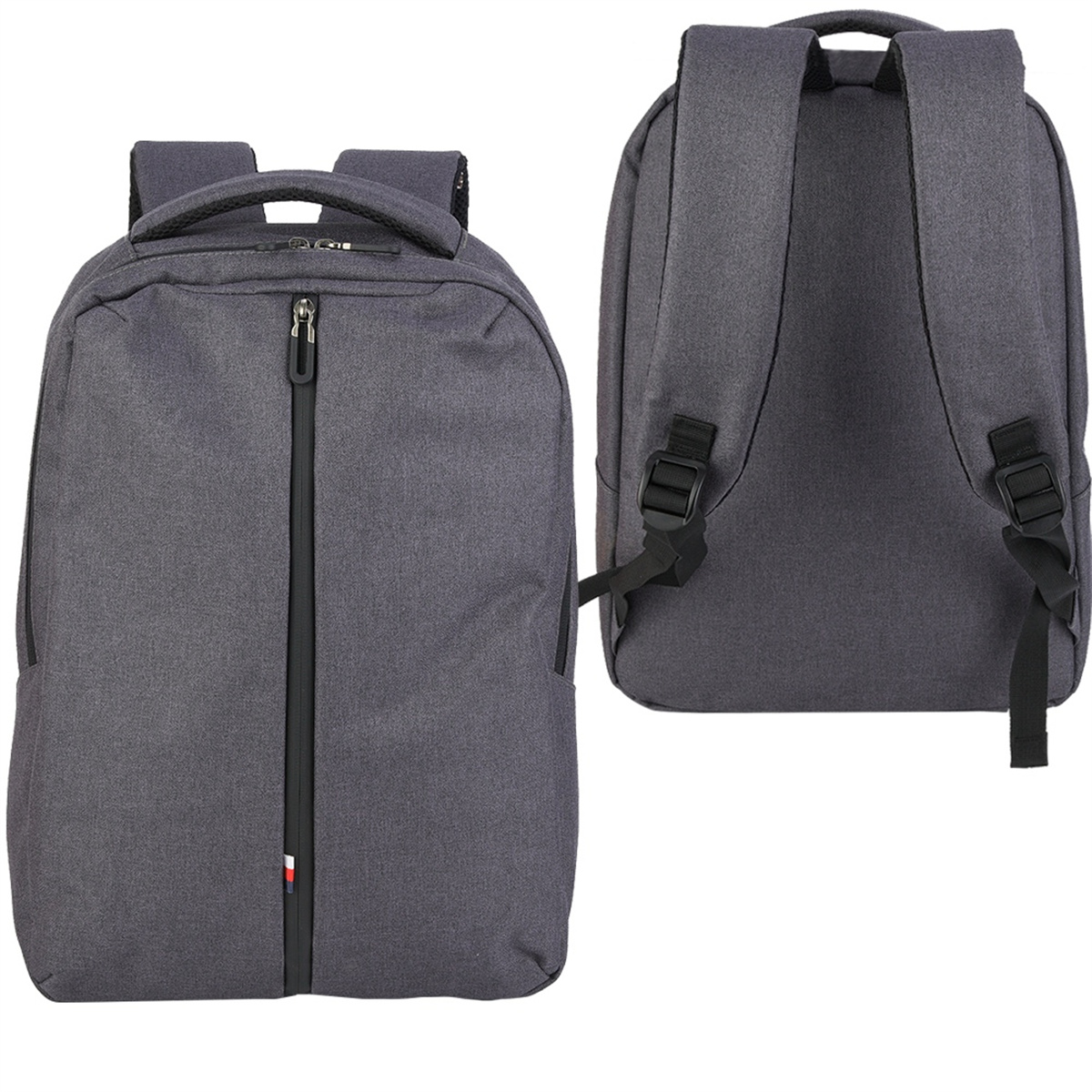 Ein grauer Rucksack mit Reißverschluss und zwei Schultergurten, von vorne und hinten gesehen.